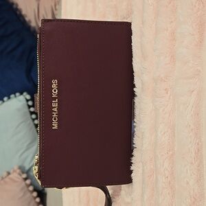 Michael Kors Maroon Double Zip Wristlet with Gold Accents